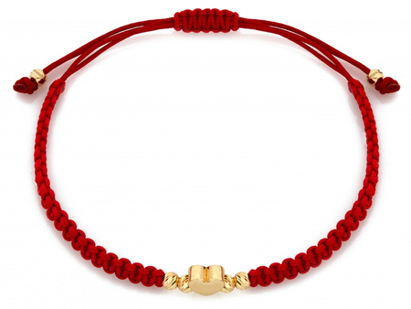 Złota bransoletka z diamentowanymi kulkami i sercem na czerwonym sznurku