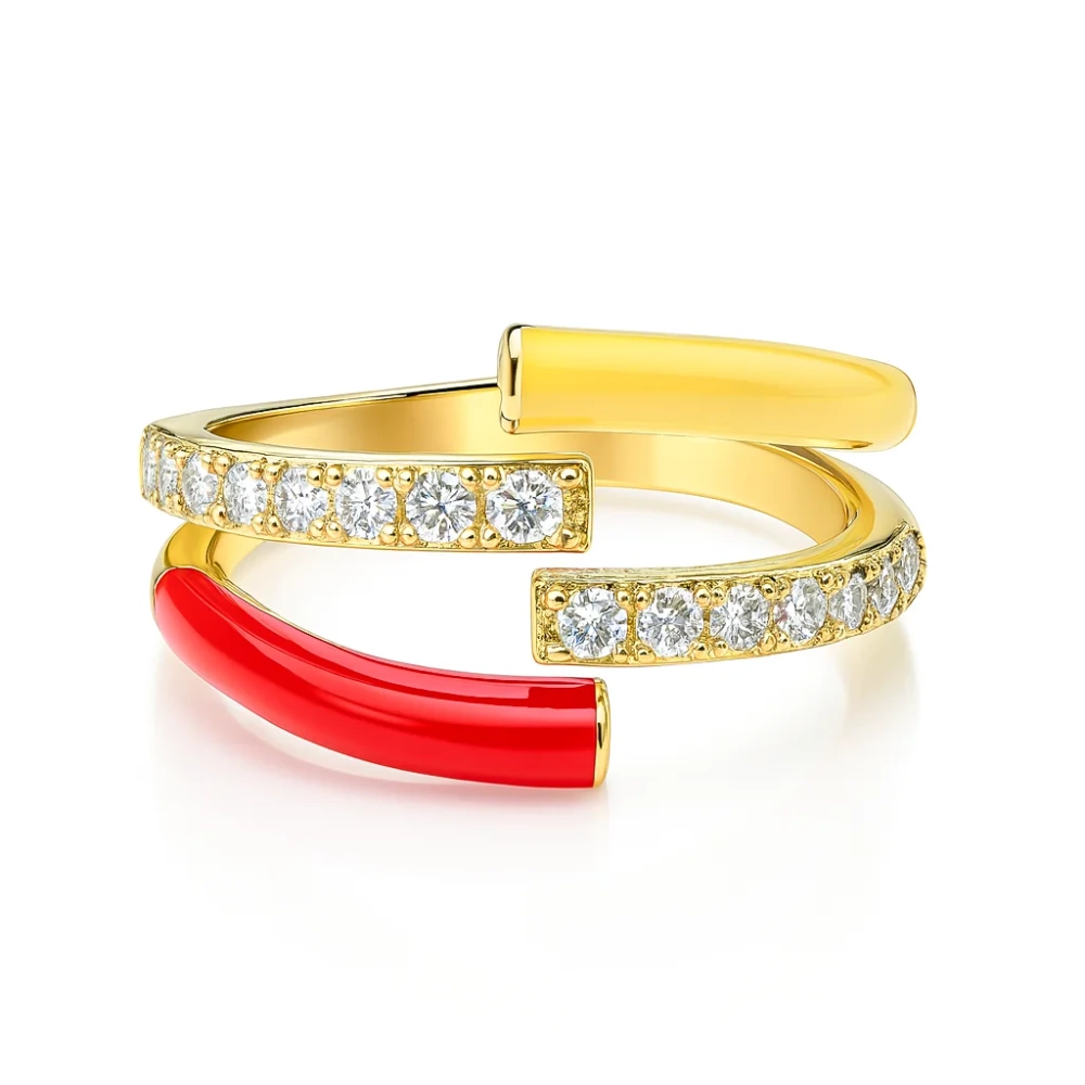 Pierścionek pozłacany emalia czerwona żółta