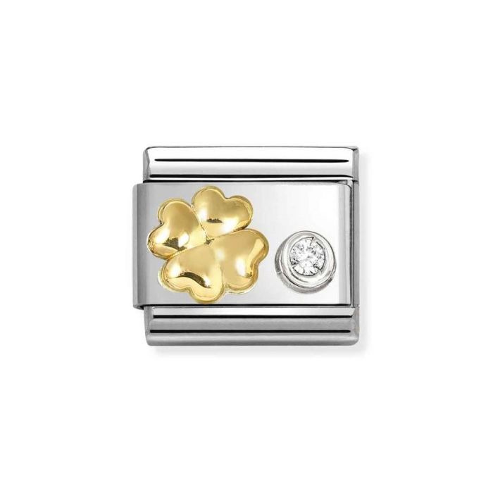 Element link do bransoletek Nomination Composable Stal + złoto 18k koniczynka z cyrkonią