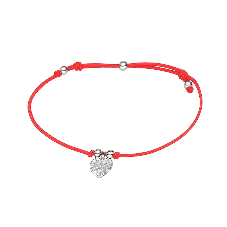 Bransoletka dziewczęca na czerwonym sznurku serce cyrkonie 