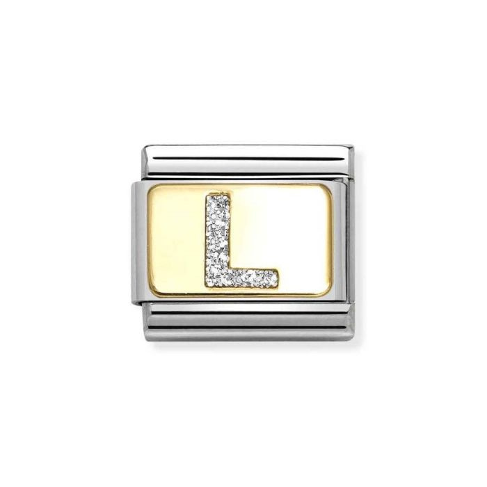 Element link do bransoletek Nomination Composable Stal + Złoto 18k litera L z brokatem