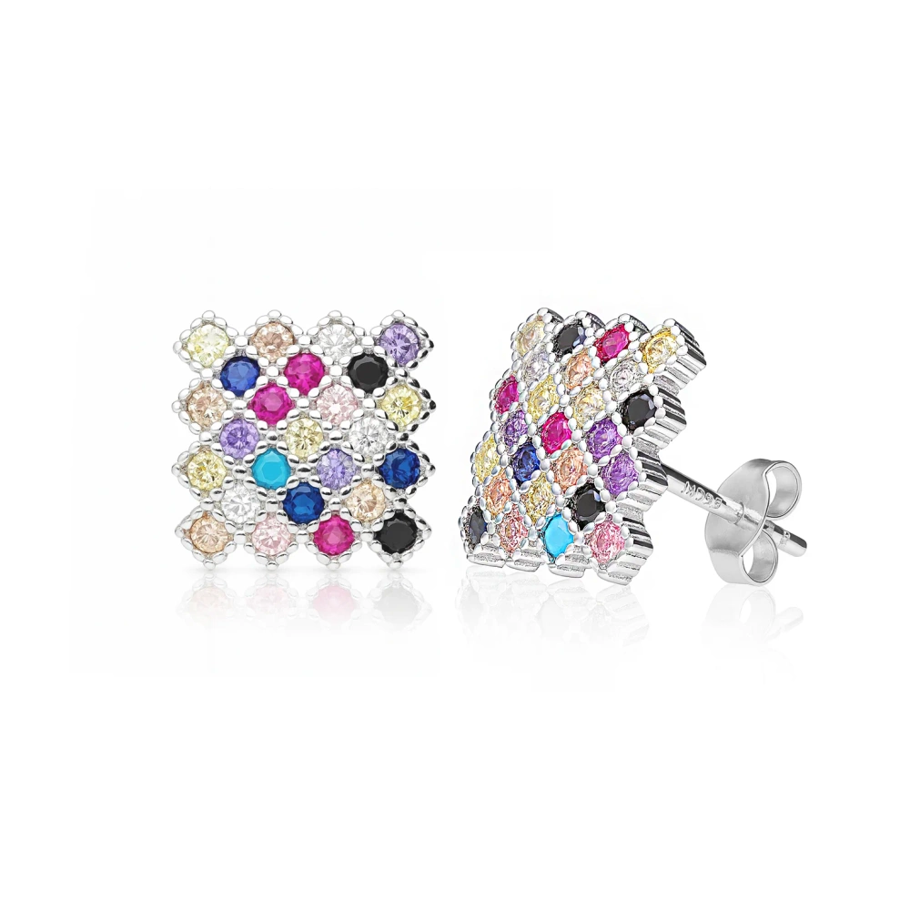 Kolczyki srebrne romby kwadraty cyrkoniami multikolor