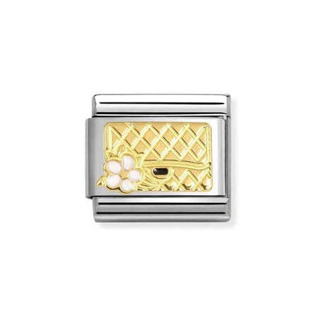 Element link do bransoletek Nomination Composable Stal + złoto 18k torebka z kwiatem