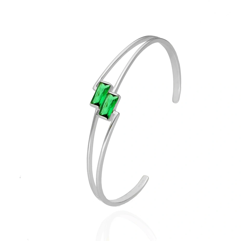 Bransoletka srebrna sztywna z zieloną cyrkonią