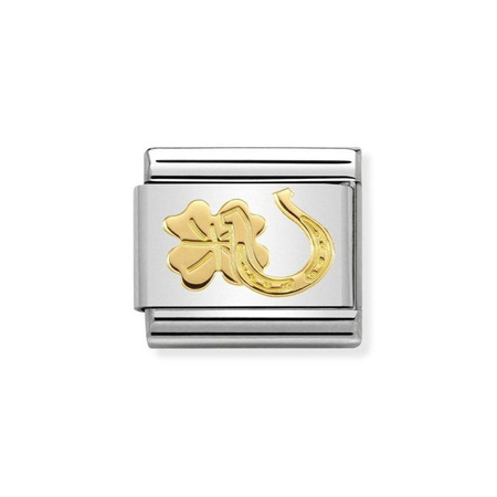 Element link do bransoletek Nomination Composable Stal + Złoto 18k podkowa z koniczynką
