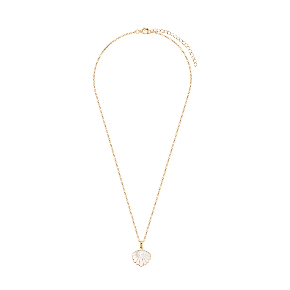 Naszyjnik pozłacany muszla z perłą biała emalia