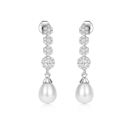 Kolczyki srebrne wiszące z cyrkoniami i perłą