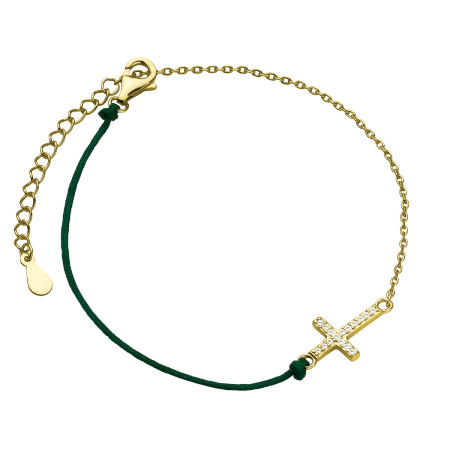 Bransoletka pozłacana z krzyżem cyrkonie sznurek zielony