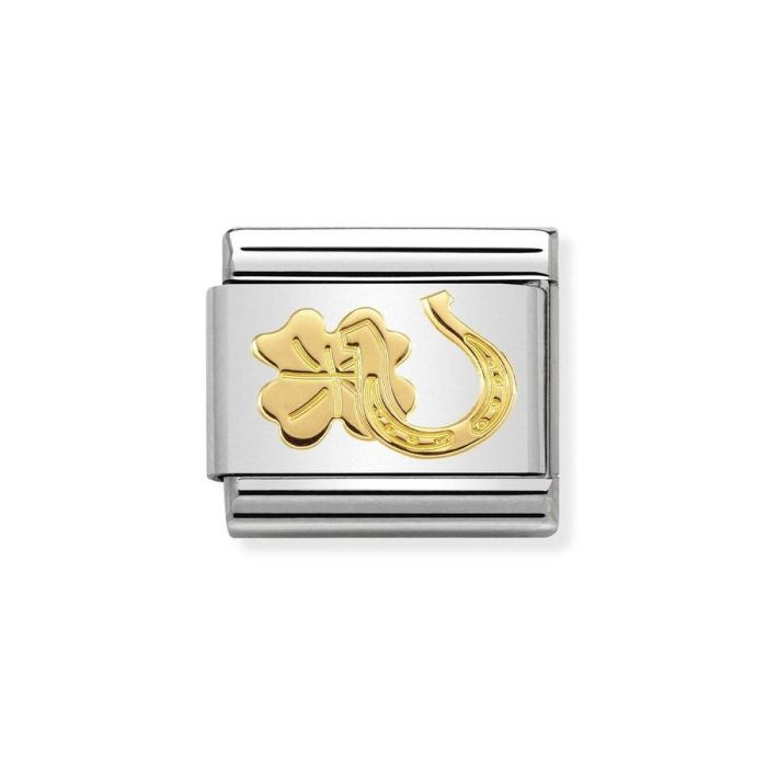 Element link do bransoletek Nomination Composable Stal + Złoto 18k podkowa z koniczynką