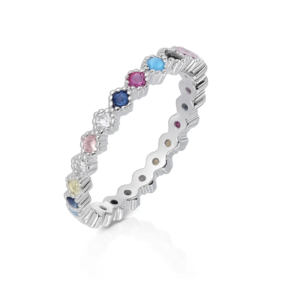 Obrączka srebrna cienka z cyrkoniami multikolor  