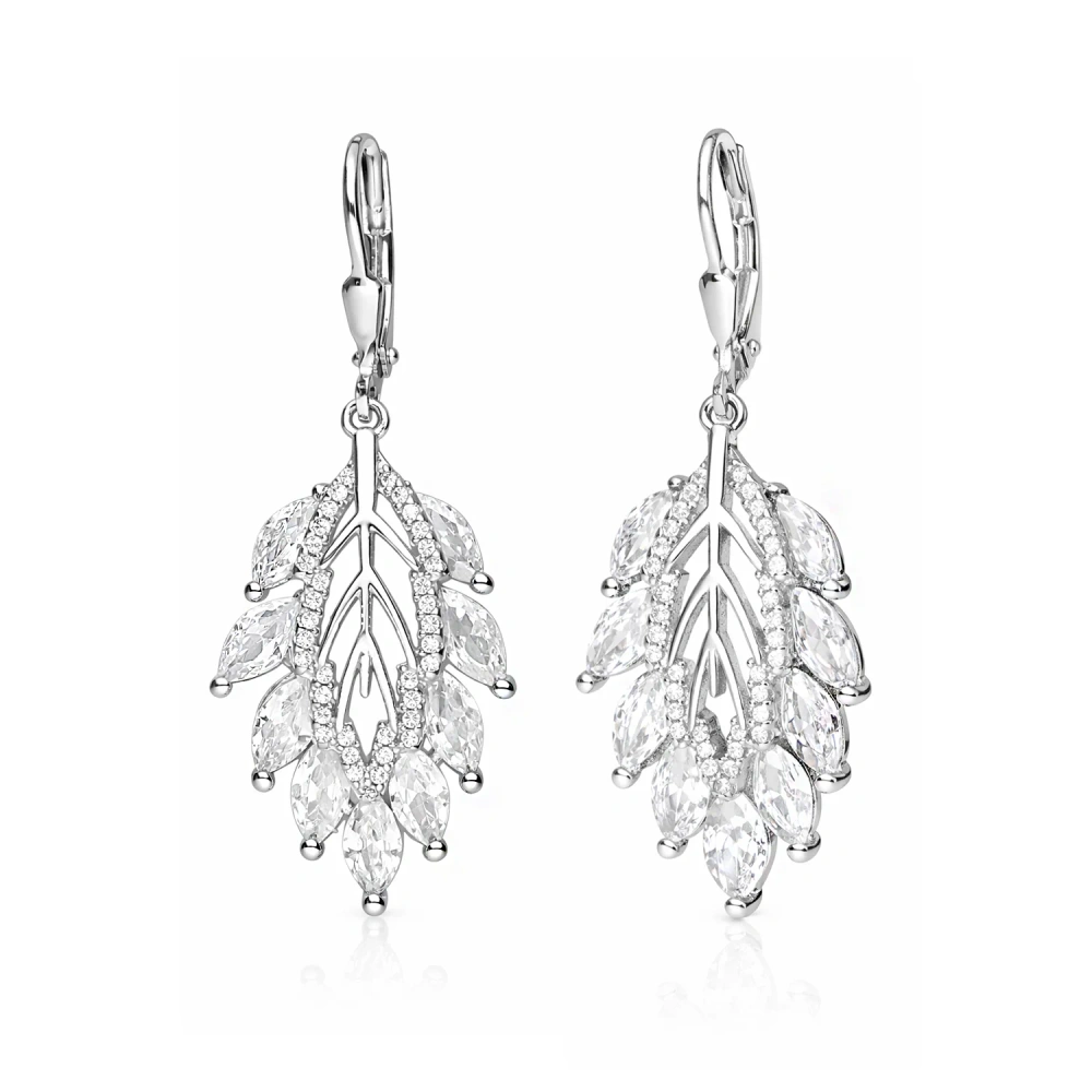 Srebrne kolczyki wieczorowe wiszące listki z cyrkoniami