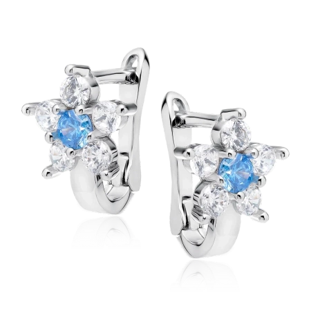 Srebrne kolczyki kwiatek z niebieską cyrkonią