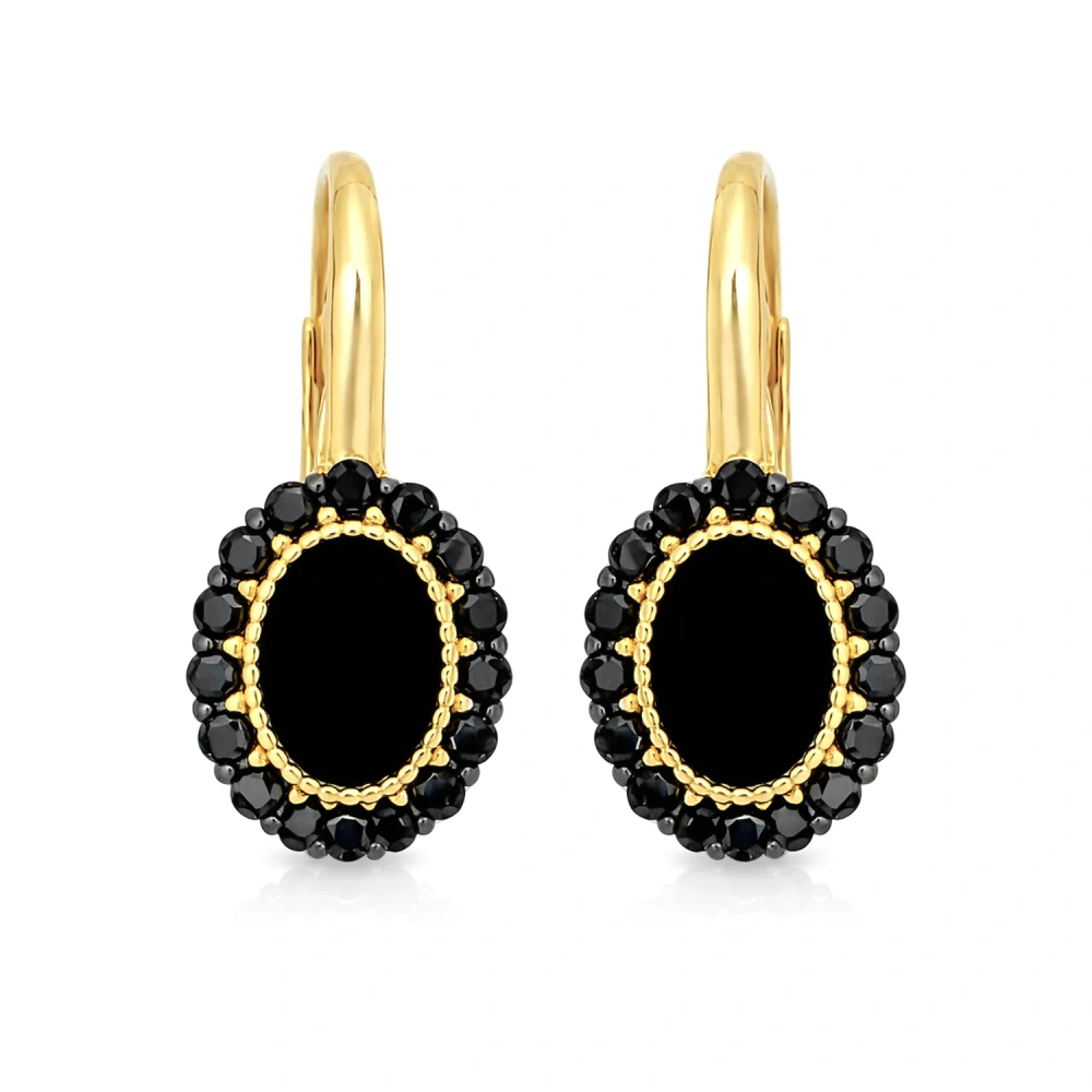Złote kolczyki wiszące z czarnymi cyrkoniami