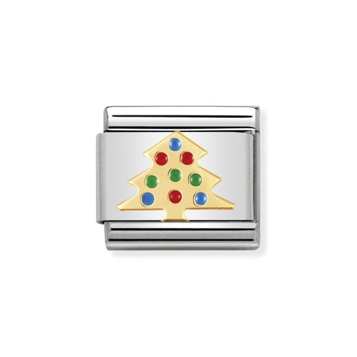 Element link do bransoletek Nomination Composable Stal + Złoto 18k choinka z kolorowymi bombkami