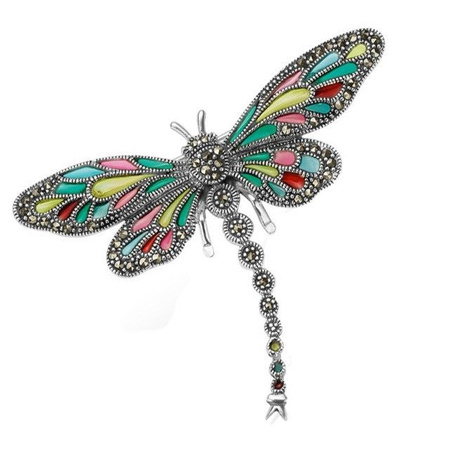 Srebrna broszka ważka z markazytami i emalią