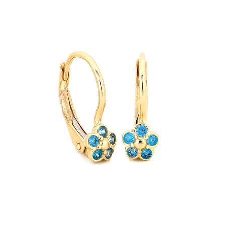 Złote kolczyki wiszące niebieskie cyrkonie kwiatek na biglu