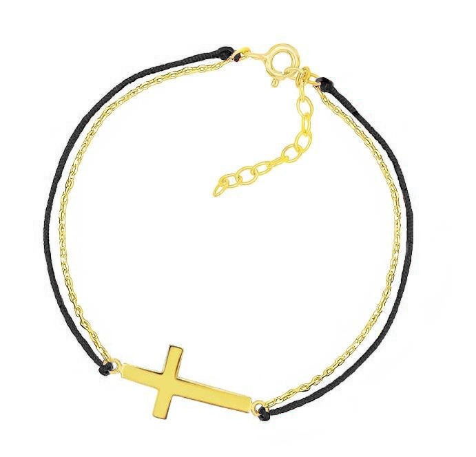 Bransoletka pozłacana krzyż z czarnym sznurkiem
