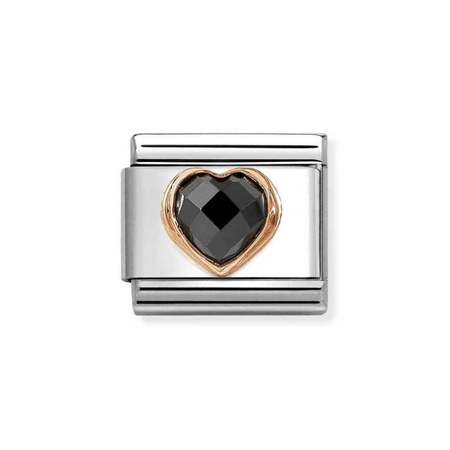 Element link do bransoletek Nomination Composable Stal + Różowe Złoto serce z czarną cyrkonią