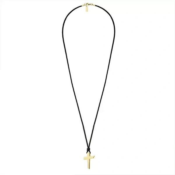 Naszyjnik ze stali szlachetnej ze złoconym krzyżem na czarnym sznurku