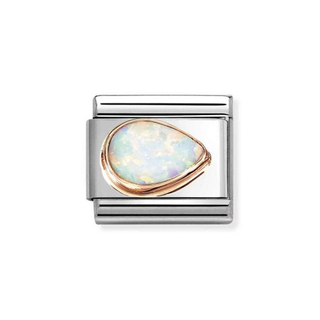 Element link do bransoletek Nomination Composable Stal + różowe złoto 9k kropla z białym opalem