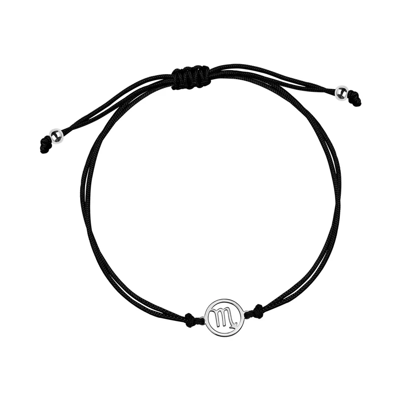 Bransoletka srebrna czarny sznurek znak zodiaku skorpion