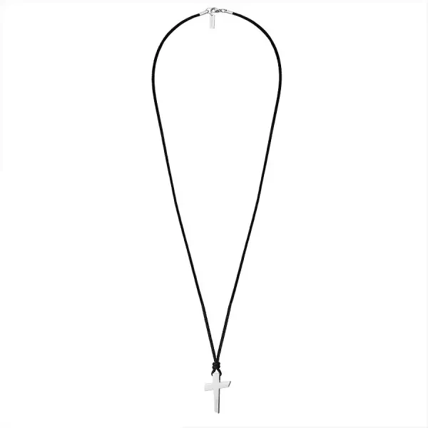 Naszyjnik ze stali szlachetnej z krzyżem na czarnym sznurku