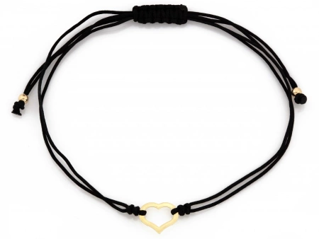 Złota bransoletka serce na czarnym sznurku