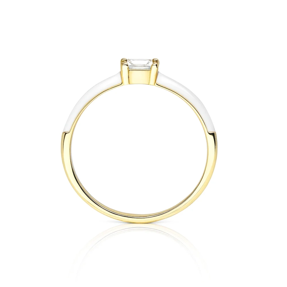 Pierścionek pozłacany z białą emalia i cyrkonią