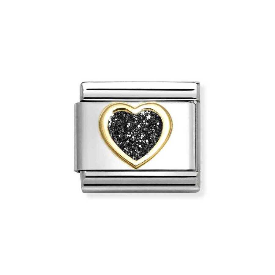 Element link do bransoletek Nomination Composable Stal + Złoto 18k BLACK Heart czarne serce brokat